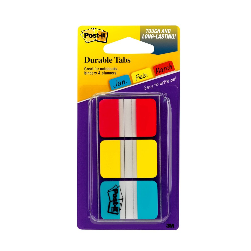 Post-it&reg; Durable Tabs - Write-on Tab(s) - 0.98" Tab Height x 1" Tab Width - Self-adhesive, Removable - Red, Yellow, Blue, Neon Tab(s)No - Wear Resistant, Tear Resistant, Durable, Writable, Reposit. Picture 6