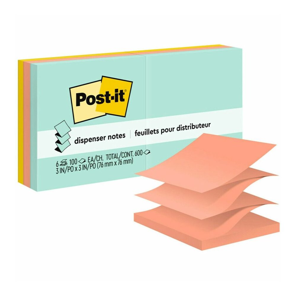 Post-it&reg; Dispenser Notes - 600 - 3" Flag/Note Width x 3" Flag/Note Length - Square - 100 Sheets per Pad - Unruled - Green, Pink, Yellow - Paper - Pop-up, Self-adhesive, Repositionable - 6 / Pack. Picture 4
