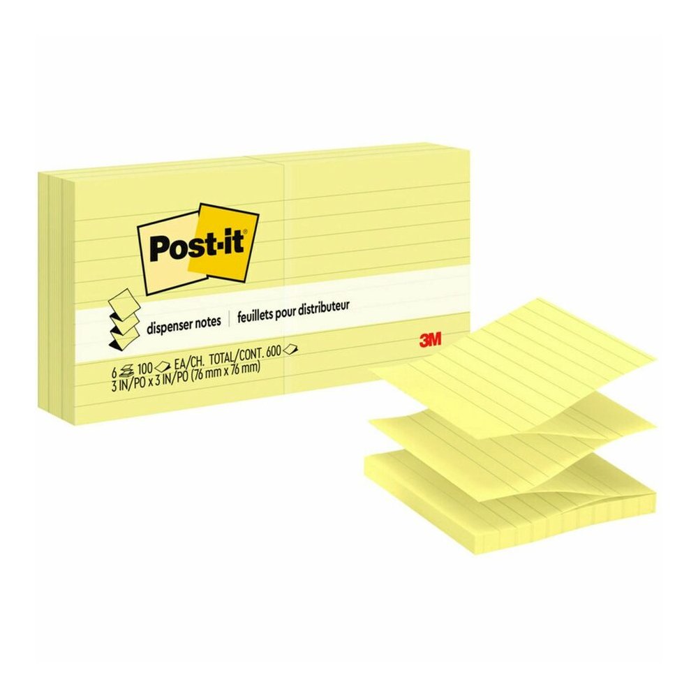 Post-it&reg; Dispenser Notes - 600 - 3" Flag/Note Width x 3" Flag/Note Length - Square - 100 Sheets per Pad - Ruled - Yellow - Paper - Pop-up, Fanfold, Refillable - 6 / Pack. Picture 4