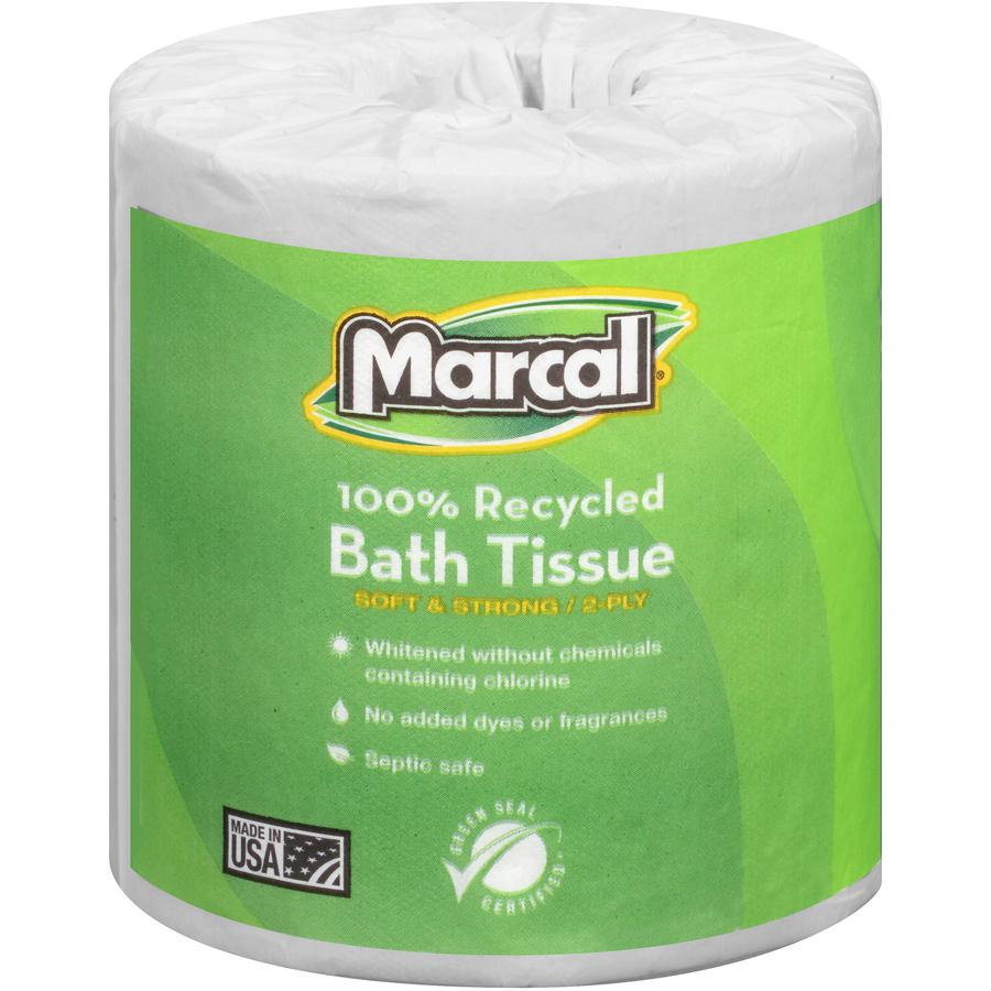 Marcal 100% Recycled, Soft & Absorbent Bathroom Tissue - 2 Ply - 336 Sheets/Roll - White - 48 / Carton. Picture 3