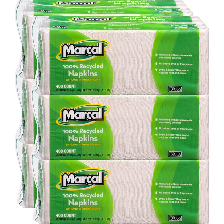 Marcal 100% Recycled Luncheon Napkins - 1 Ply - 12.50" Width x 11.40" Length - White - Paper - 400/Pack - 6 / Carton. Picture 3