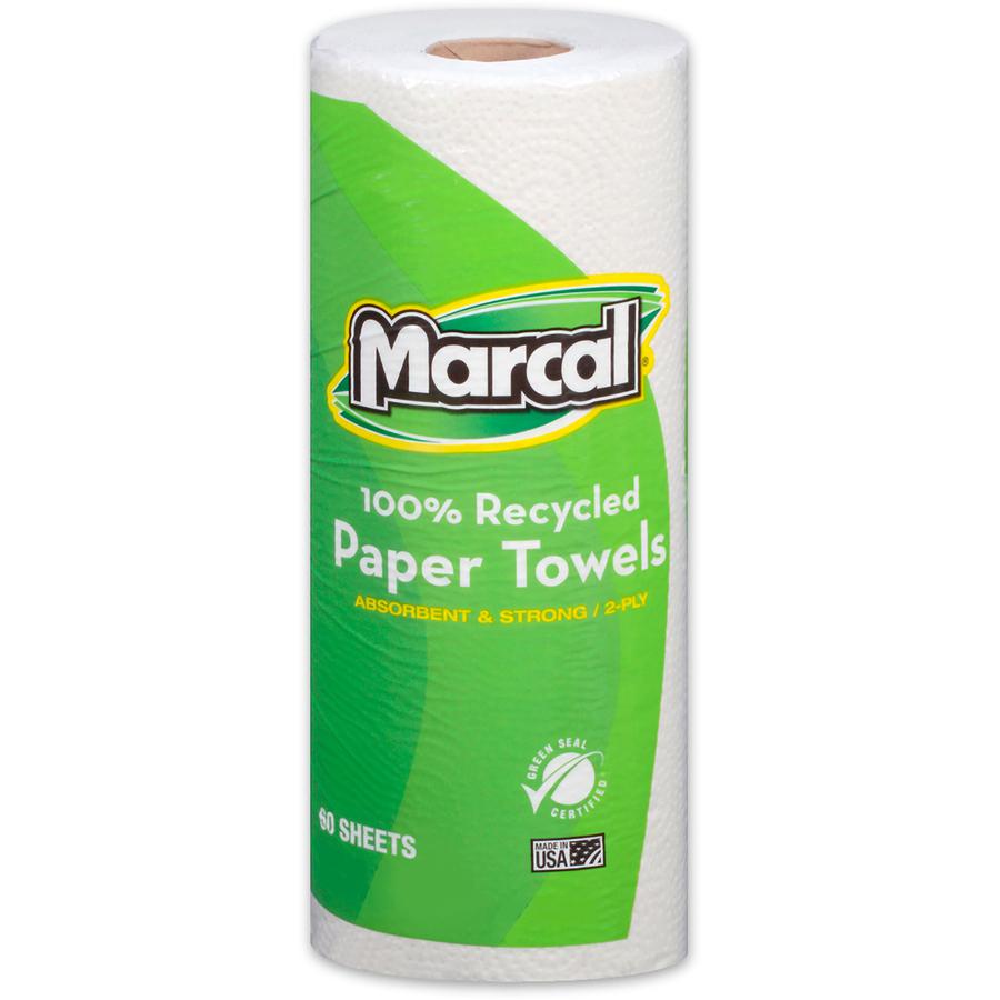 Marcal 100% Recycled Paper Towels - 2 Ply - 11" x 9" - 60 Sheets/Roll - White - 15 / Carton. Picture 4