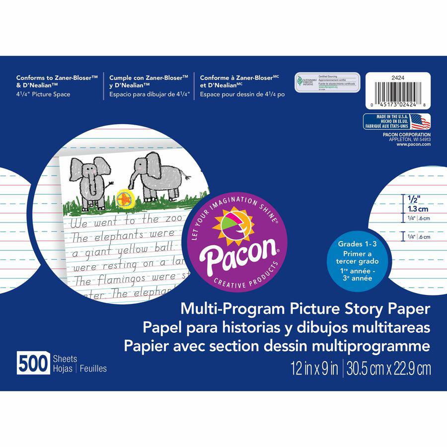 Pacon Multi-program Picture Story Paper - 0.50" Ruled - 4.25" Picture Story Space - Unruled Margin - 12" x 9" - AssortedChipboard Cover - Hard Cover - 500 / Ream. Picture 2