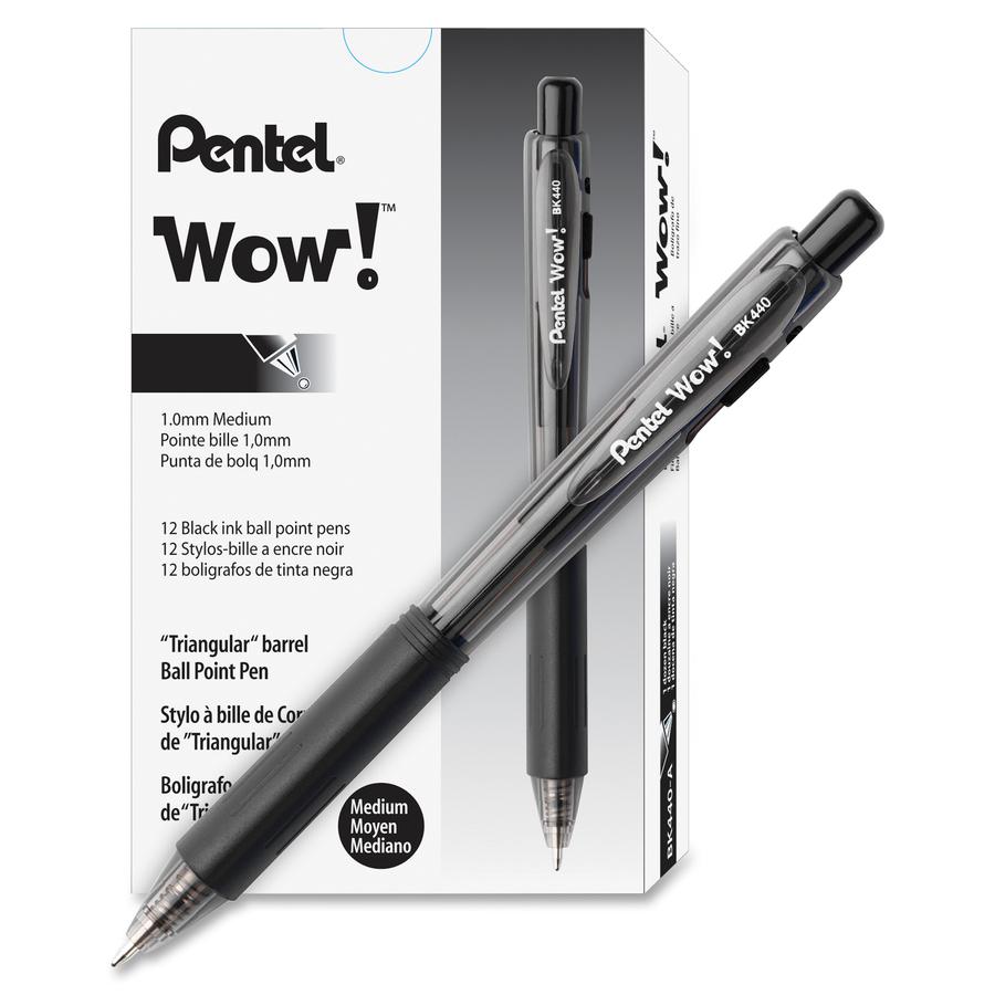 Pentel WOW! Retractable Ballpoint Pens - Medium Pen Point - 1 mm Pen Point Size - Retractable - Black - Black Barrel - 12 / Dozen. Picture 2