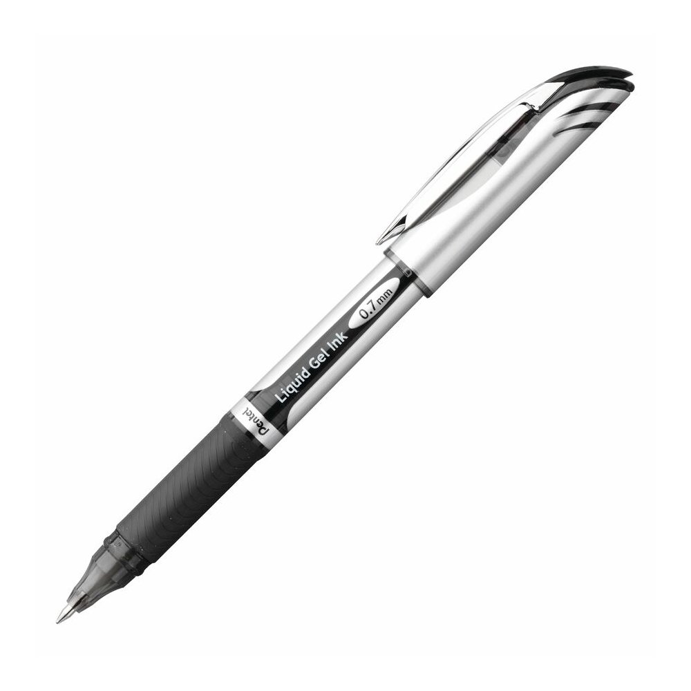 Pentel EnerGel Deluxe Rollerball Pen - Refillable - Black Ink - Gel-based - Silver Barrel - 12 / Box. Picture 2