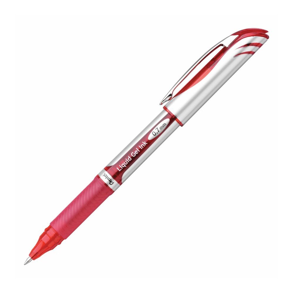 Pentel EnerGel Deluxe Rollerball Pen - Refillable - Red Ink - Gel-based - Silver Barrel - 12 / Box. Picture 2