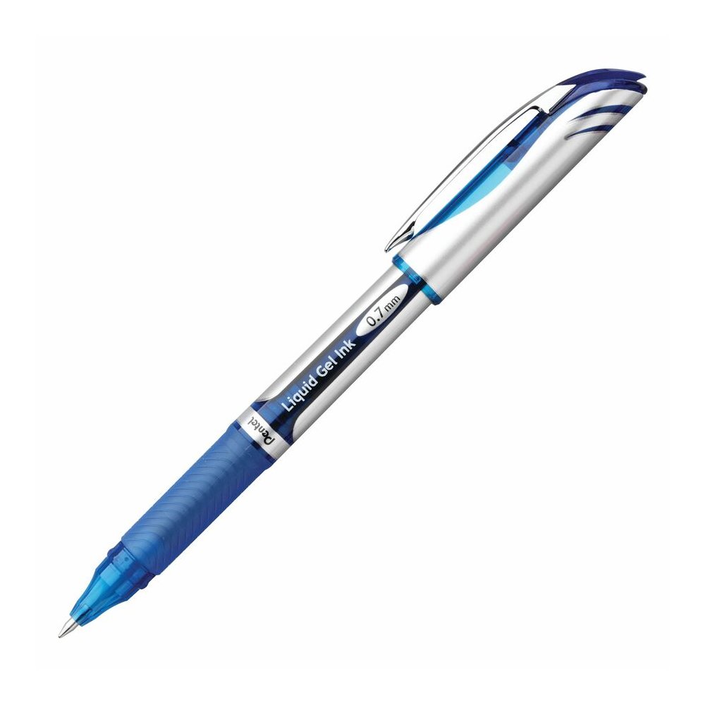 Pentel EnerGel Deluxe Rollerball Pen - Refillable - Blue Ink - Gel-based - Silver Barrel - 12 / Box. Picture 2