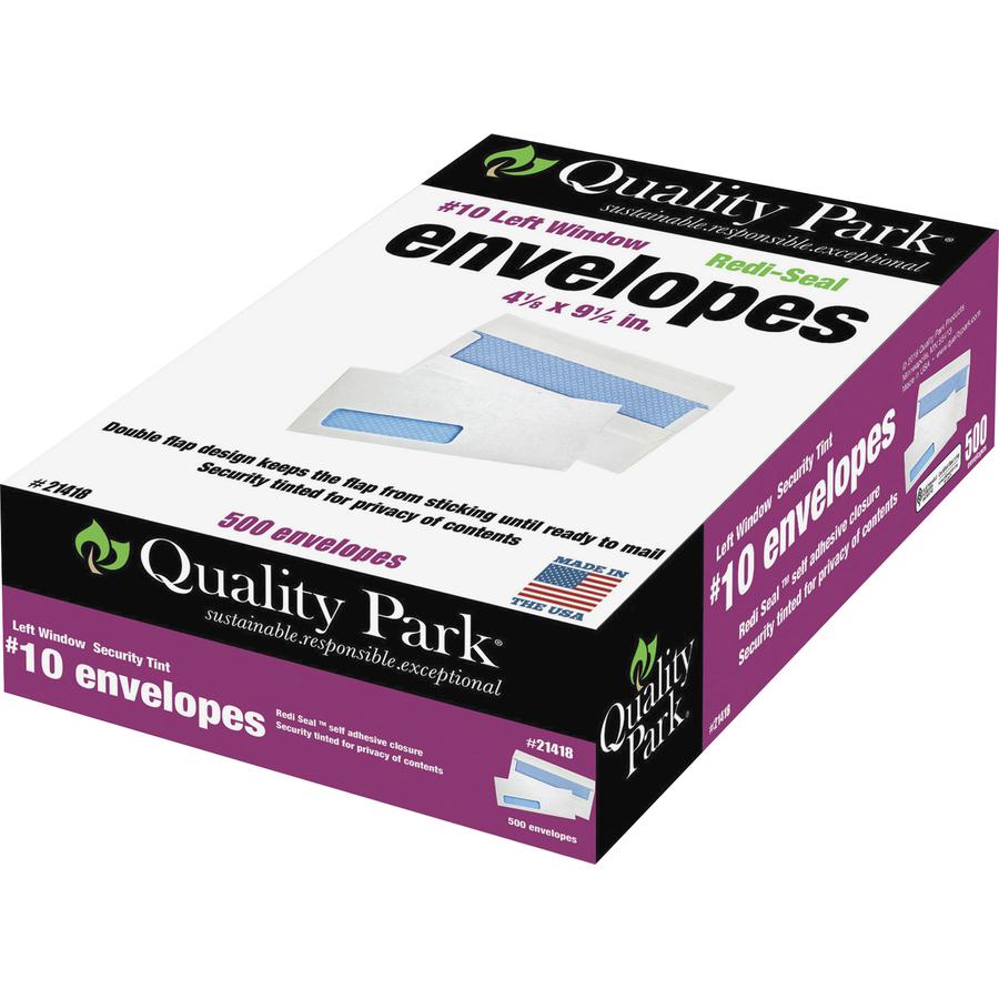 Quality Park No. 10 Single Window Security Tinted Business Envelopes with a Self-Seal Closure - Single Window - #10 - 4 1/8" Width x 9 1/2" Length - 24 lb - Self-sealing - White - Wove - 500 / Box. Picture 9