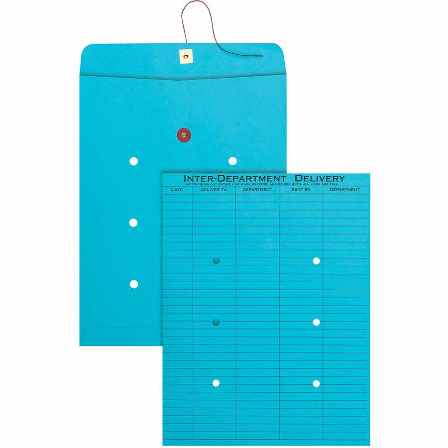 Quality Park 10 x 13 Inter-Departmental Envelopes - Inter-department - 10" Width x 13" Length - 28 lb - String/Button - Blue - 100 / Box. Picture 7
