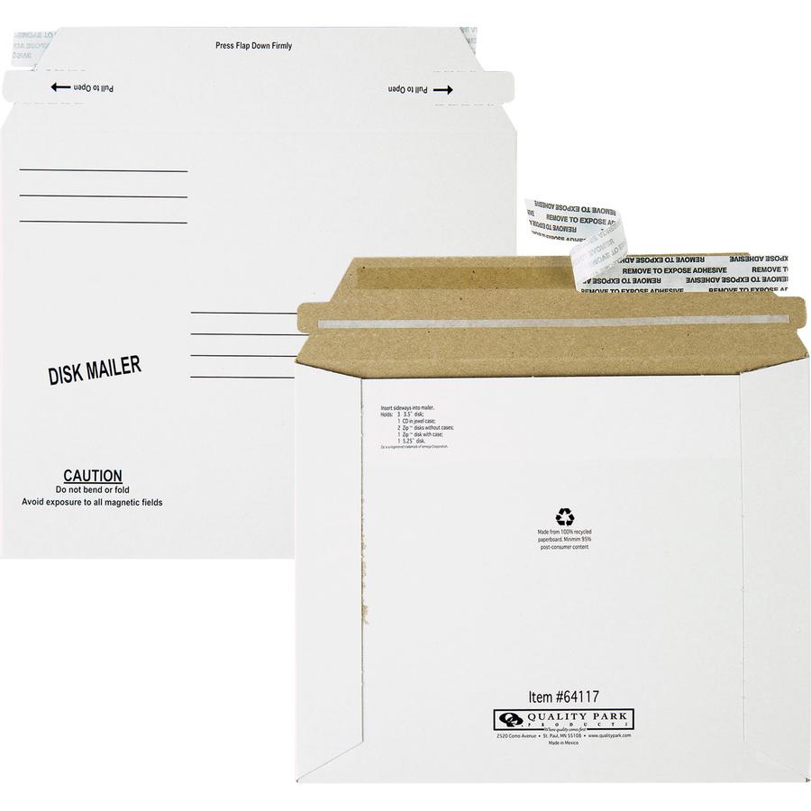 Quality Park Economy Disk/CD Mailers - Disc/Diskette - 7 1/2" Width x 6 1/8" Length - Self-sealing - White - Paperboard - 100 / Carton. Picture 2