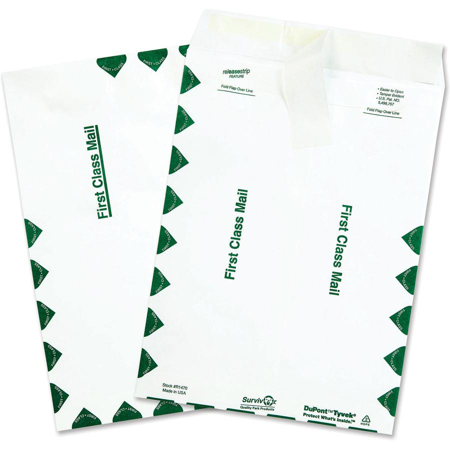 Survivor&reg; 9 x 12 DuPont Tyvek First Class Border Mailers with Self-Seal Closure - First Class Mail - #10 1/2 - 9" Width x 12" Length - 14 lb - Peel & Seal - White - Tyvek - 100 / Box. Picture 8