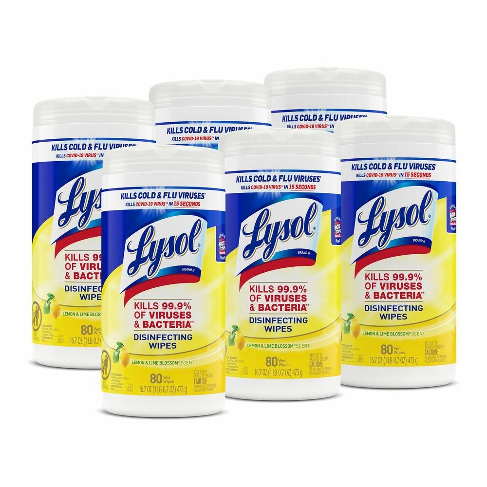 Lysol Disinfecting Wipes - Ready-To-Use - Lemon, Lime Blossom Scent - 7" Length x 7.25" Width - Bleach-free, Antibacterial, Disinfectant, Pre-moistened - White - 80/Tub - 6 / Carton. Picture 7