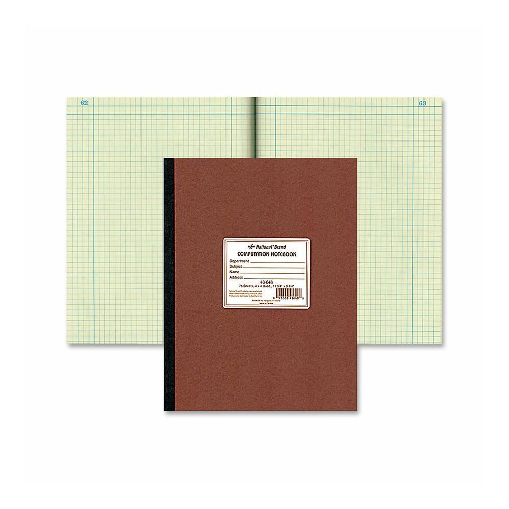 Rediform Quad Ruled Lab Computation Notebook - 75 Sheets - Ruled Margin - 9 1/4" x 11 3/4" Sheet Size - Green Paper - Brown Pressboard Cover - Numbered - Recycled - 1 Each. Picture 2