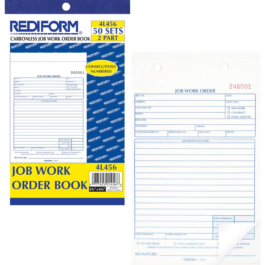 Rediform 2-part Job Work Order Book - 50 Sheet(s) - 2 PartCarbonless Copy - 5.50" x 8.50" Sheet Size - Assorted Sheet(s) - Blue, Red Print Color - 1 Each. Picture 4