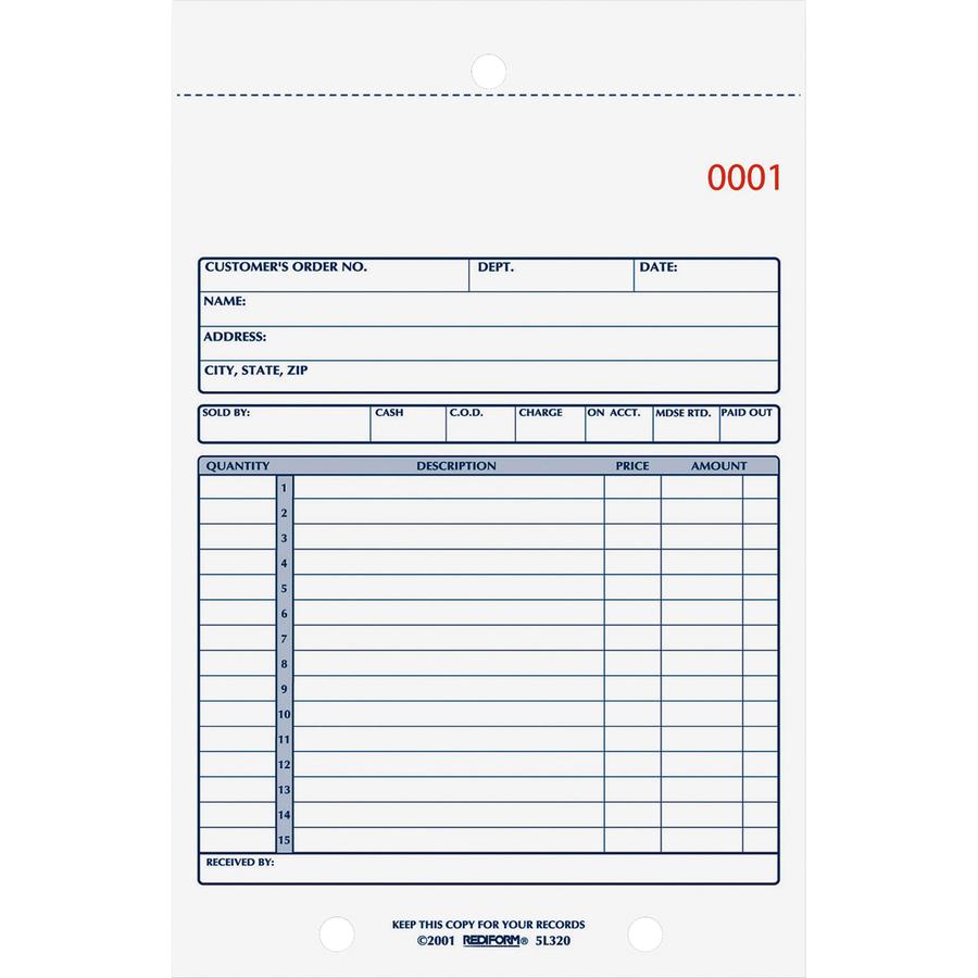 Rediform 2-Part Carbonless Sales Forms - 50 Sheet(s) - Stapled - 2 Part - Carbonless Copy - 5.50" x 7.87" Sheet Size - 2 x Holes - Assorted Sheet(s) - Blue Print Color - 1 Each. Picture 2