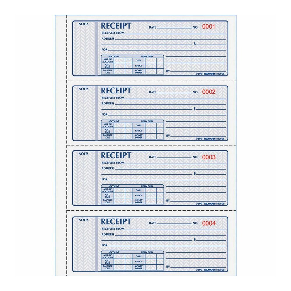 Rediform 3-part Carbonless Money Receipt Book - 100 Sheet(s) - Book Bound - 3 Part - Carbonless Copy - 7" x 2.75" Sheet Size - Assorted Sheet(s) - Red, Blue Print Color - 1 Each. Picture 2