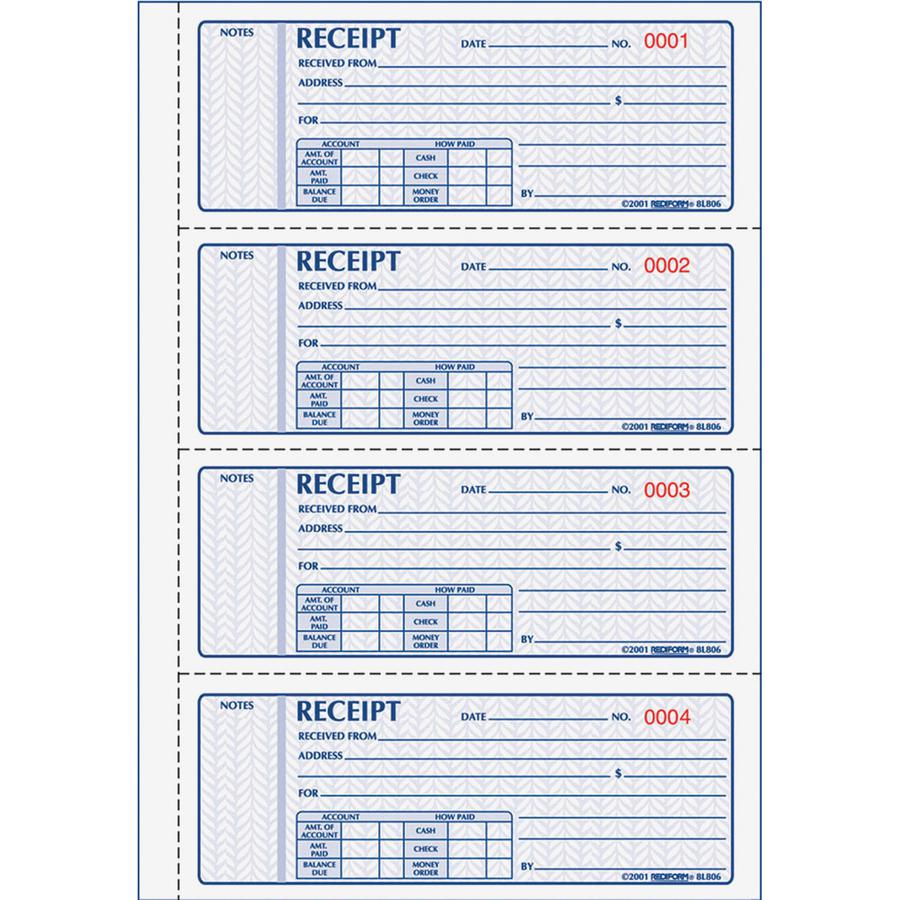 Rediform Money Receipt 4 Per Page Collection Forms - 400 Sheet(s) - 2 PartCarbonless Copy - 7" x 2.75" Sheet Size - White, Yellow - Black Print Color - 1 Each. Picture 2