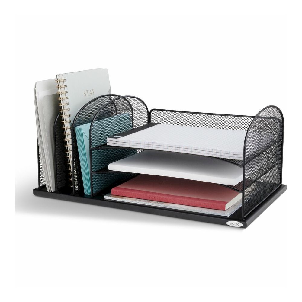 Safco Onyx 3 Tray/3 Upright Section Desk Organizer - 5 Compartment(s) - 8.25" Height x 19.50" Width x 11.50" Depth - Desktop - Powder Coated - Black - Steel - 1 Each. Picture 11
