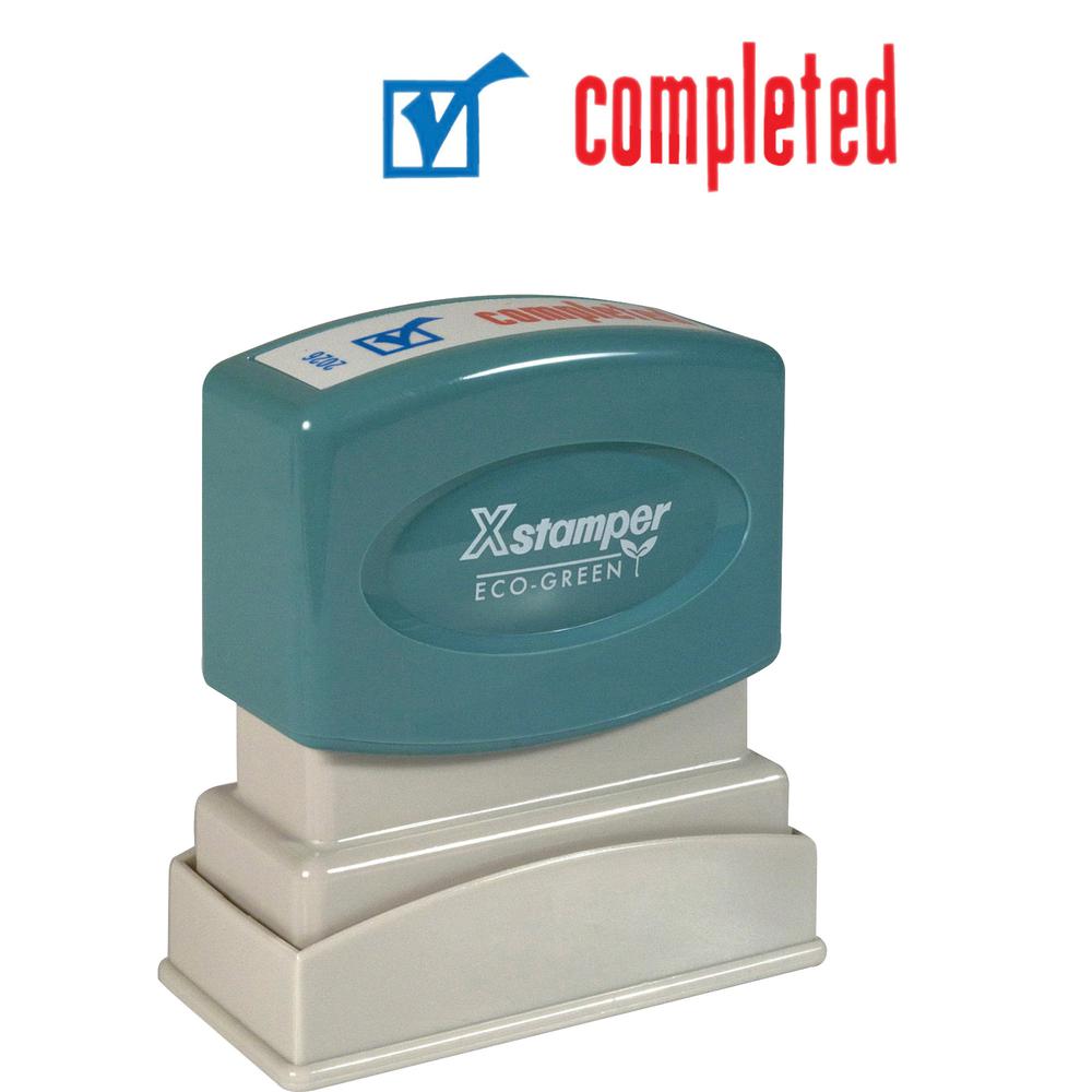 Xstamper Red/Blue COMPLETED Title Stamp - Message Stamp - "COMPLETED" - 0.50" Impression Width - 100000 Impression(s) - Red, Blue - Polymer Polymer - Recycled - 1 Each. Picture 2
