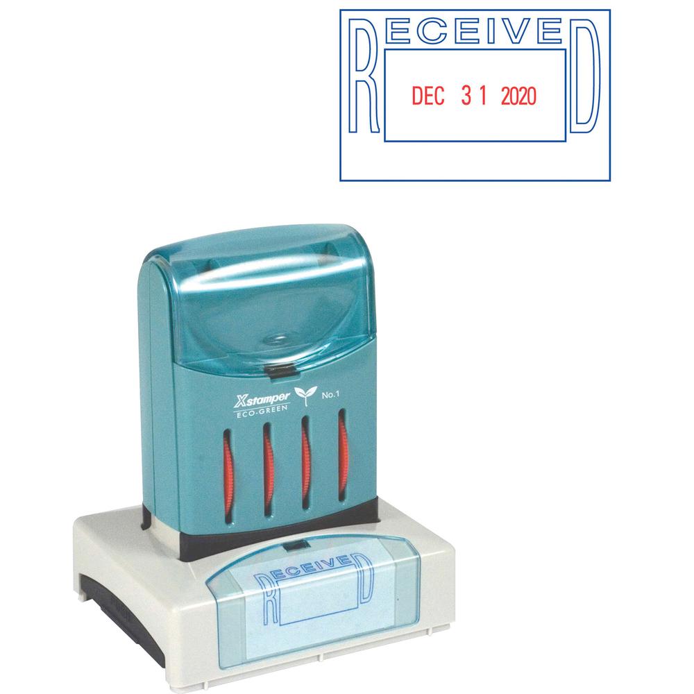 Xstamper VersaDater Pre-inked RECEIVED Date Stamp - Message/Date Stamp - "RECEIVED" - 1.31" Impression Width x 2.12" Impression Length - Blue, Red - Recycled - 1 Each. Picture 2