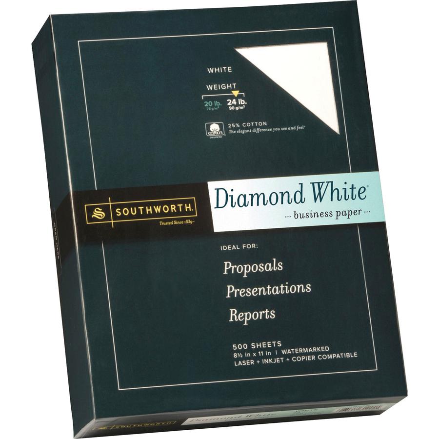 Southworth Diamond White Business Paper - Letter - 8 1/2" x 11" - 24 lb Basis Weight - Wove - 500 / Box - Acid-free, Watermarked - Diamond White. Picture 2