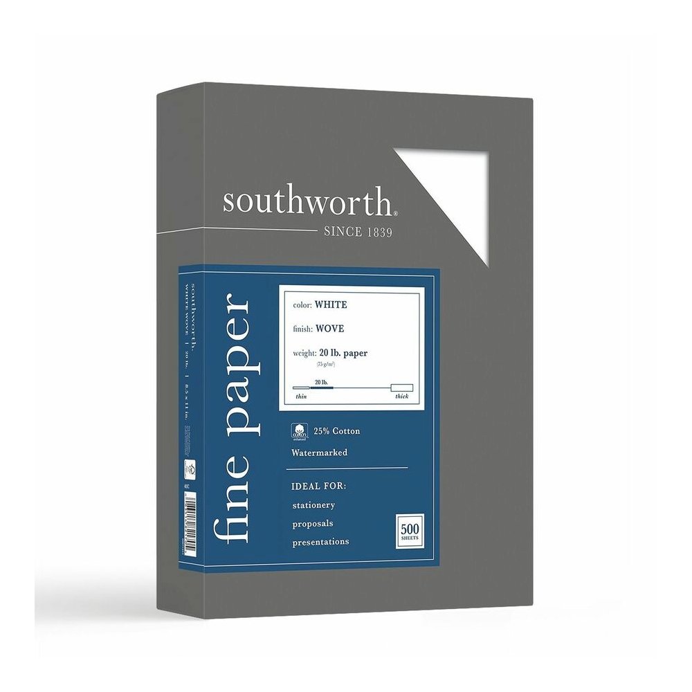 Southworth 25% Cotton Business Paper - Letter - 8 1/2" x 11" - 20 lb Basis Weight - Wove - Watermarked, Acid-free, Date-coded, Lignin-free - White - 1 Box. Picture 4