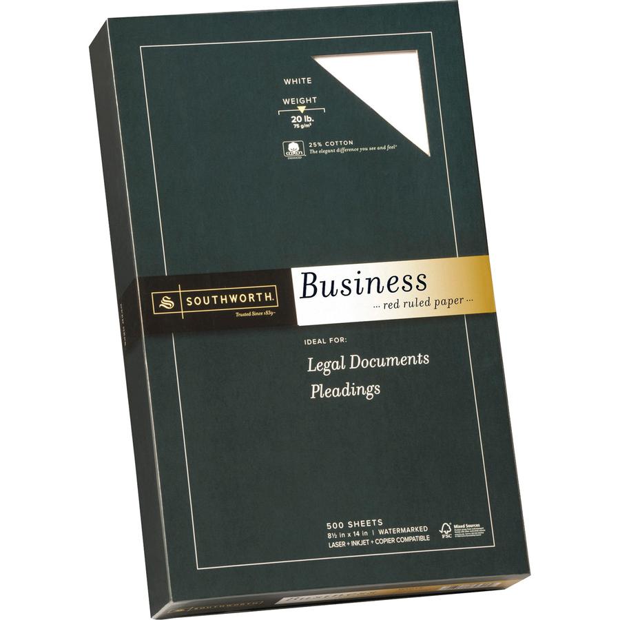 Southworth Red Ruled Business Paper - Legal - 8 1/2" x 14" - 20 lb Basis Weight - Wove - 500 / Box - Acid-free, Watermarked, Date-coded, Lignin-free - White. Picture 2