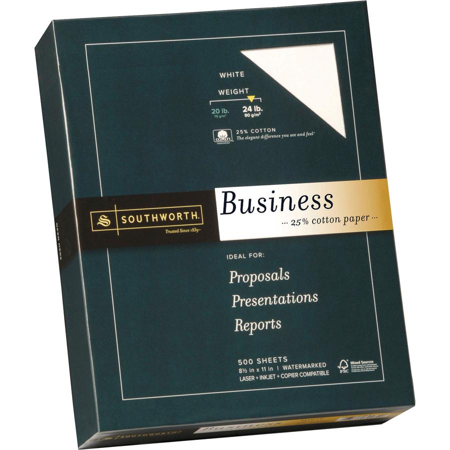 Southworth 24lb 25% Cotton Business Paper - Letter - 8 1/2" x 11" - 24 lb Basis Weight - Wove - 500 / Box - Watermarked, Acid-free, Date-coded, Lignin-free - White. Picture 2