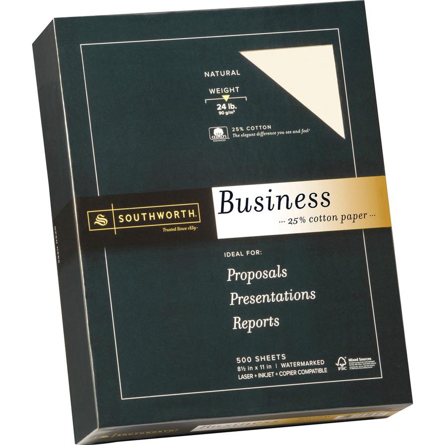 Southworth 24lb 25% Cotton Business Paper - Letter - 8 1/2" x 11" - 24 lb Basis Weight - Wove - 500 / Box - Watermarked, Acid-free, Lignin-free, Date-coded - Natural White (Ivory). Picture 3