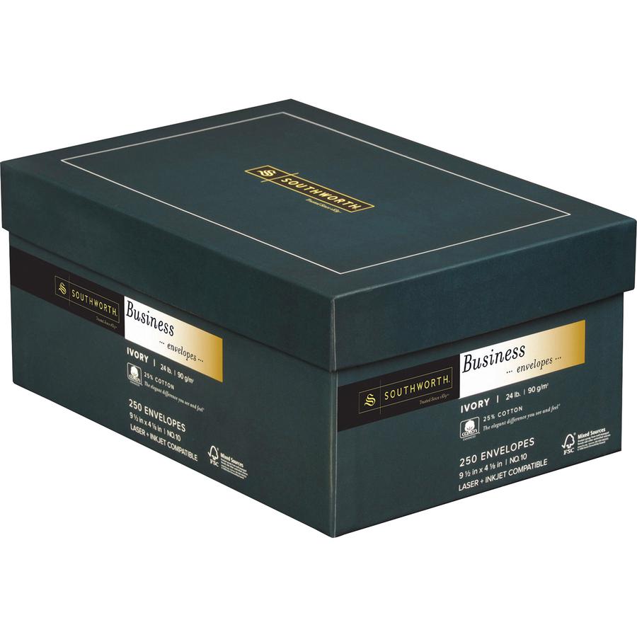 Southworth 25% Cotton No. 10 Business Envelopes - Business - #10 - 4 1/8" Width x 9 1/2" Length - 24 lb - Gummed - Cotton Fiber - 250 / Box - Ivory. Picture 2