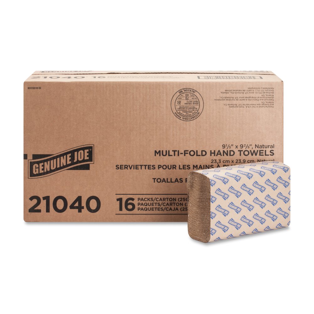 Genuine Joe Paper Towel Multi fold 250 sheets Natural - 1 Ply - Multifold - 9.25" Width x 9.40" Length - embossed design - Natural - Paper, Fiber - 250 Sheets/Pack - 16 / Carton. Picture 3