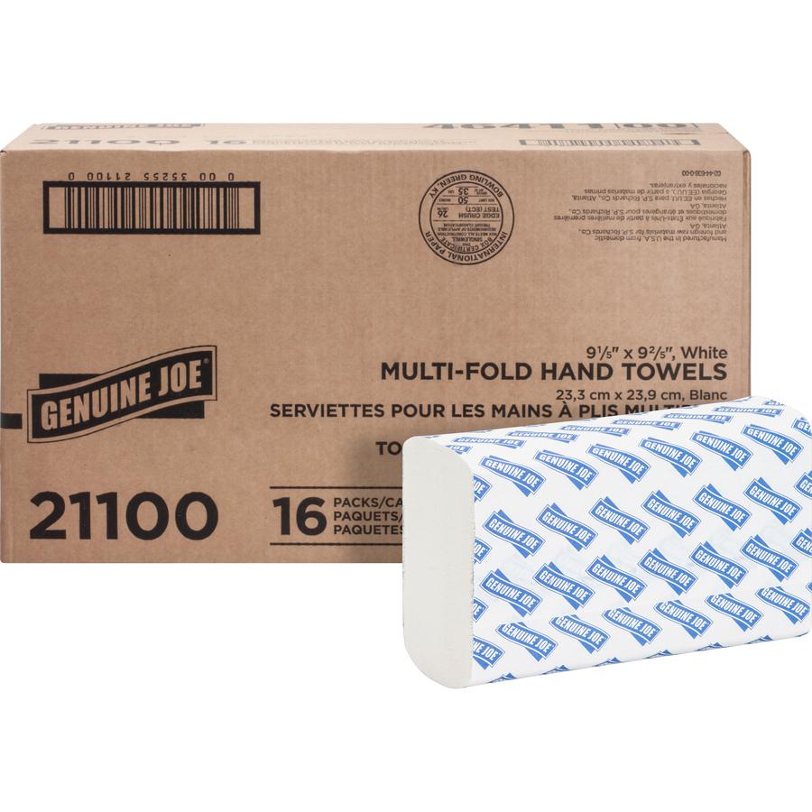Genuine Joe Paper Towel Multi fold 250 sheets White - 1 Ply - Multifold - 9.20" Width x 9.40" Length - embossed design - White - Paper, Fiber - 250 Sheets/Pack - 16 / Carton. Picture 10