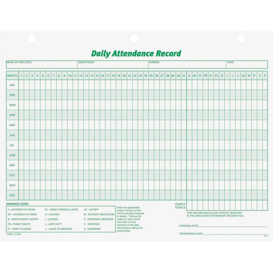 TOPS Daily Employee Attendance Record Form - 50 Sheet(s) - 11" x 8.50" Sheet Size - 3 x Holes - White - White Sheet(s) - Green Print Color - 50 / Pack. Picture 2
