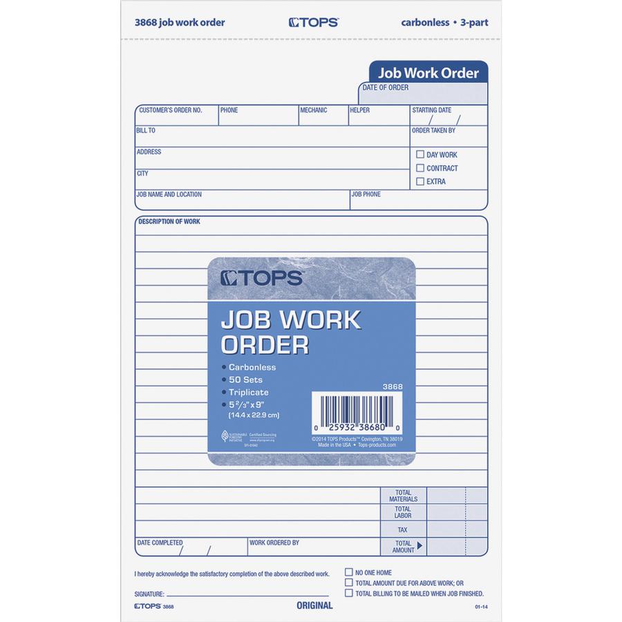 TOPS Carbonless 3-Part Job Work Order Forms - 3 PartCarbonless Copy - 5.50" x 8.50" Sheet Size - Assorted Sheet(s) - Black Print Color - 50 / Pack. Picture 3