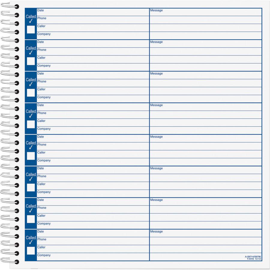 TOPS Spiral Bound Voice Message Log Book - 50 Sheet(s) - 8.25" x 8.50" Sheet Size - White - White Sheet(s) - 1 Each. Picture 5