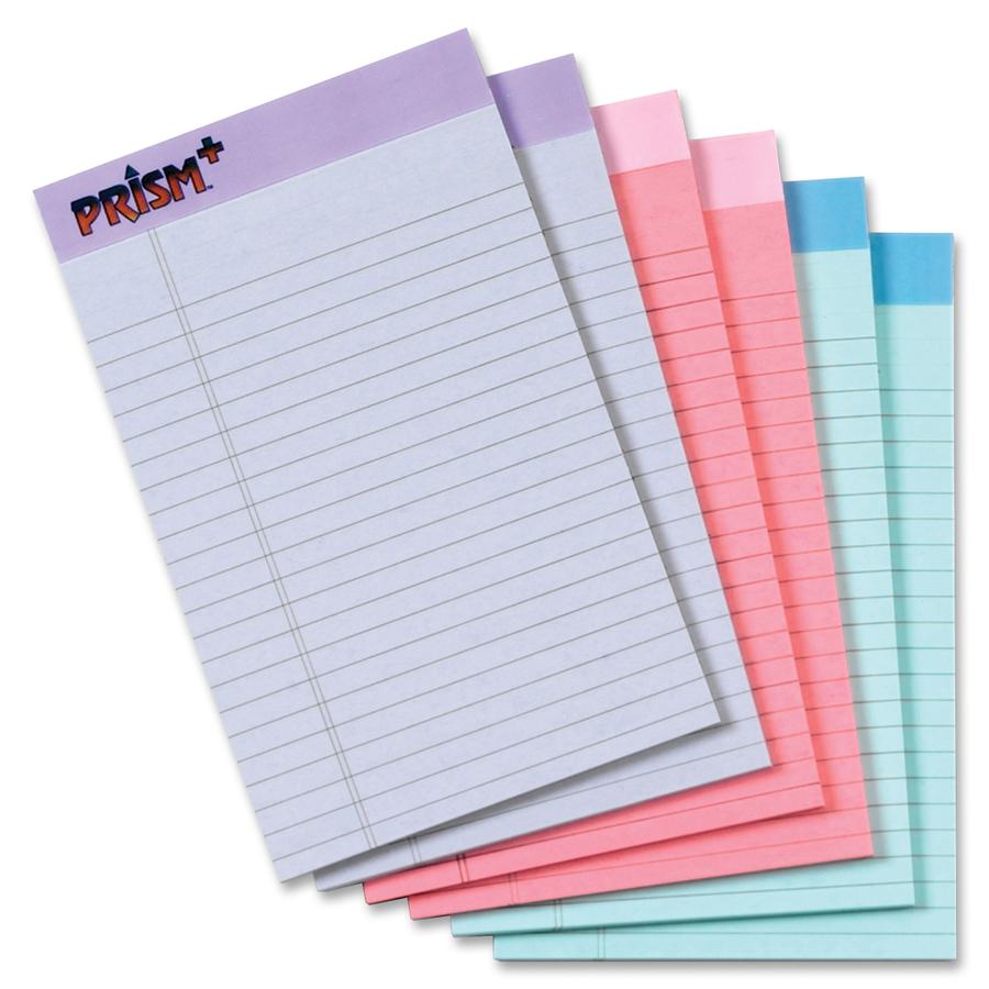 TOPS Prism Plus Legal Pads - Jr.Legal - 50 Sheets - 0.28" Ruled - 16 lb Basis Weight - Jr.Legal - 5" x 8" Sheet Size - Assorted Paper - Perforated, Hard Cover, Rigid, Easy Tear - No - 6 / Pack. Picture 2