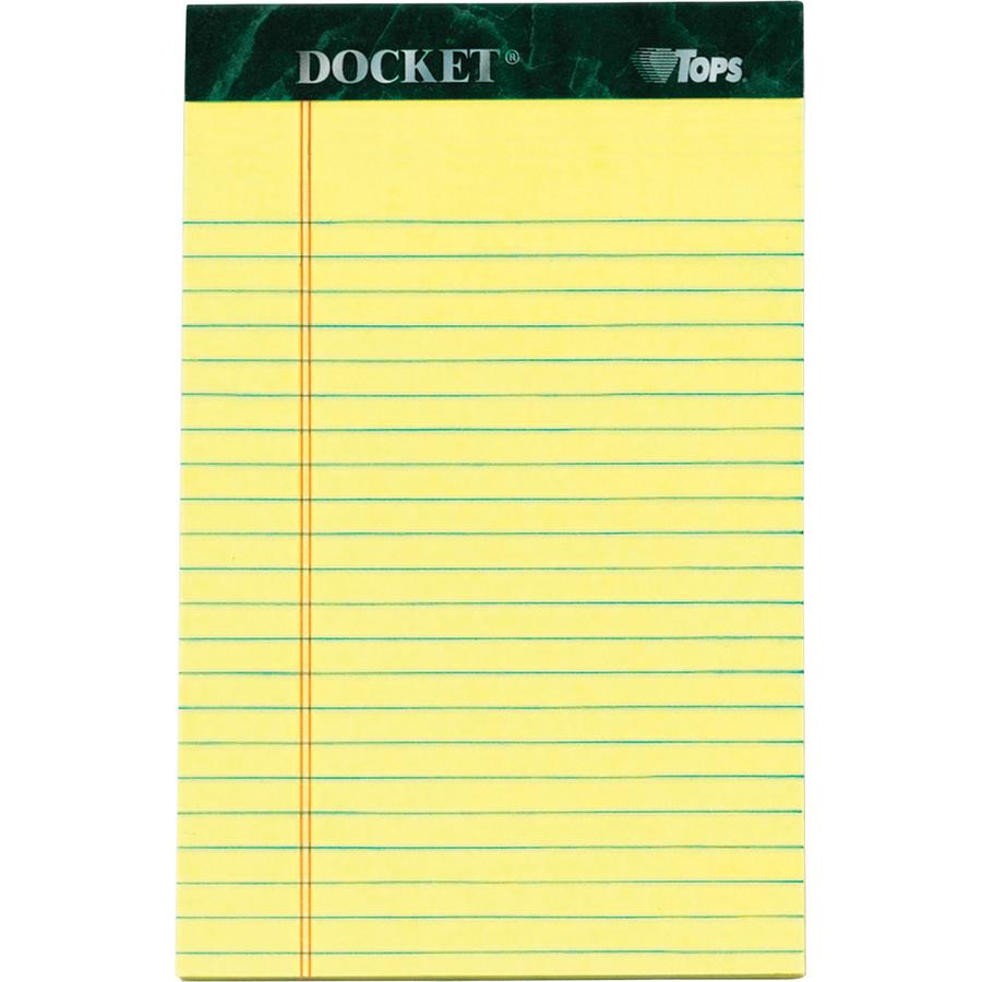 TOPS Jr. Legal Rule Docket Writing Pads - 50 Sheets - Double Stitched - 0.28" Ruled - 16 lb Basis Weight - Jr.Legal - 5" x 8" Sheet Size - Canary Paper - Hard Cover, Perforated, Easy Tear, Sturdy Back. Picture 2