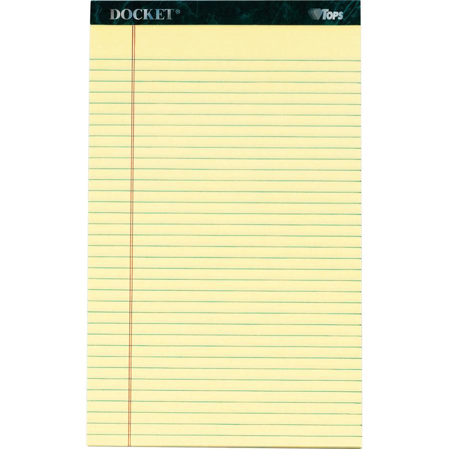 TOPS Docket Letr - Trim Legal Rule Canary Legal Pads - Legal - 50 Sheets - Double Stitched - 0.34" Ruled - 16 lb Basis Weight - Legal - 8 1/2" x 14" - Canary Paper - Marble Green Binding - Perforated,. Picture 2