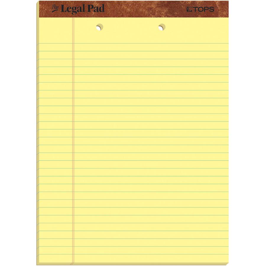 TOPS 2-Hole Top Punched Legal Pad - 50 Sheets - Double Stitched - 0.34" Ruled - 16 lb Basis Weight - 8 1/2" x 11 3/4" - Canary Paper - Perforated, Punched, Hard Cover, Heavyweight - 1 Dozen. Picture 2