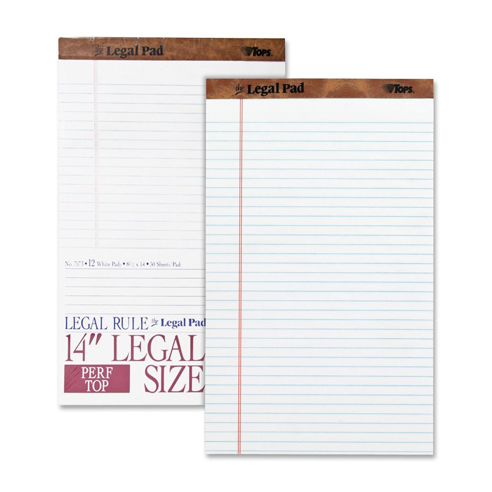 TOPS The Legal Pad Writing Pad - 50 Sheets - Double Stitched - 0.34" Ruled - 16 lb Basis Weight - Legal - 8 1/2" x 14" Sheet Size - White Paper - Chipboard Cover - Perforated, Hard Cover, Removable - . Picture 3