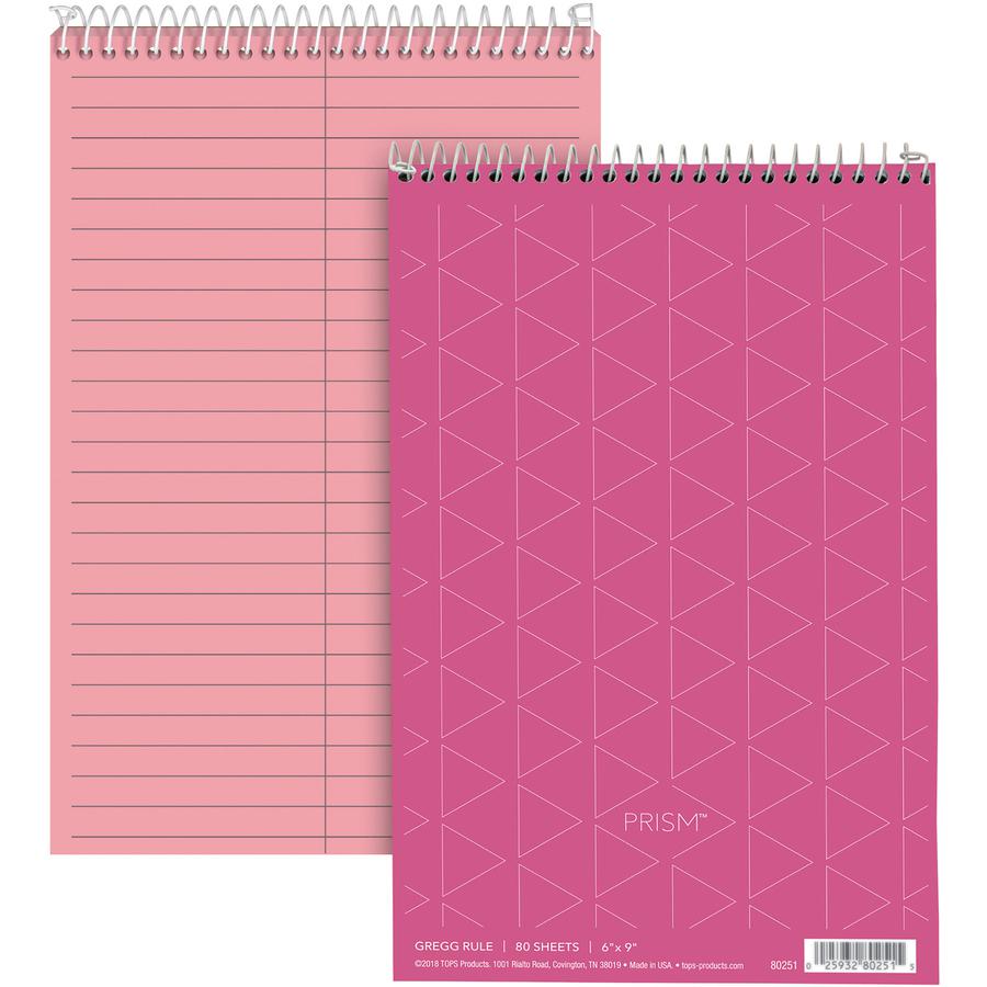 TOPS Prism Steno Books - 80 Sheets - Wire Bound - Gregg Ruled Margin - 6" x 9" Sheet Size - Pink Paper - Perforated, Stiff-back, WireLock - 4 / Pack. Picture 3