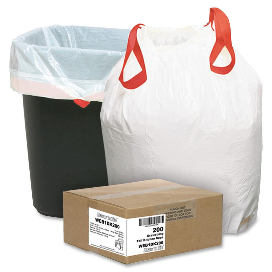 Berry 13 Gallon Drawstring Trash Bags - Small Size - 13 gal Capacity - 27.38" Length x 24.50" Width x 0.90 mil (23 Micron) Thickness - White - Resin - 1 Carton. Picture 2