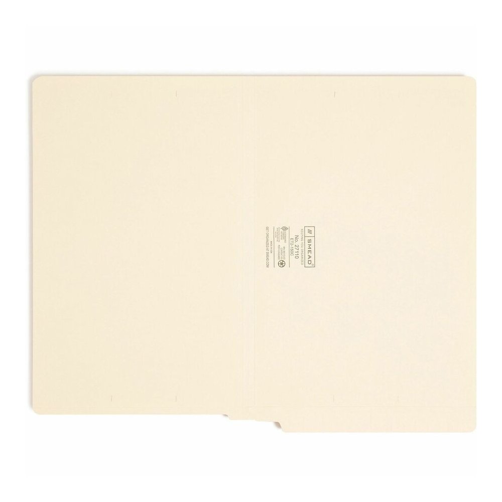 Smead Straight Tab Cut Legal Recycled End Tab File Folder - 8 1/2" x 14" - 3/4" Expansion - 11 pt. - 2 Plys - Manila - Reinforced Tab, Embossed - 10% Recycled - 100 / Box. Picture 7