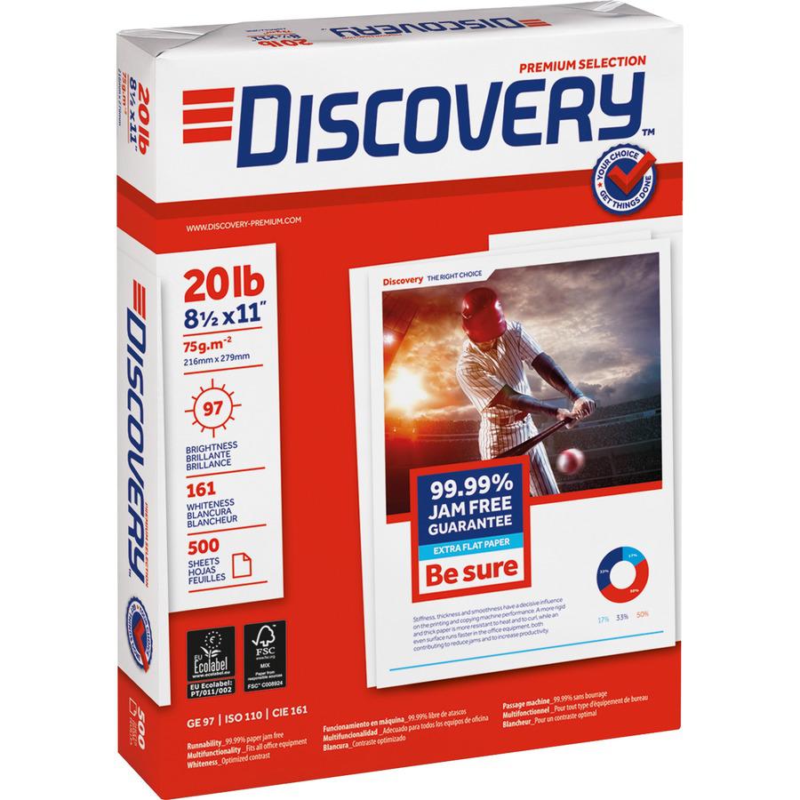 Discovery 3HP Premium Multipurpose Paper - Anti-Jam - Ultra White - 97 Brightness - Letter - 8 1/2" x 11" - 20 lb Basis Weight - 2500 / Carton - Excellent Ink Absorption - Ultra White. Picture 2