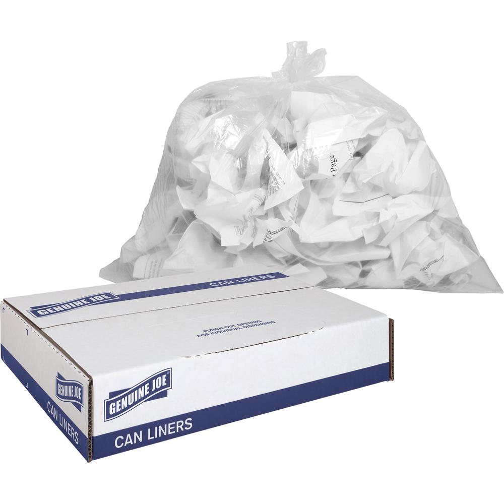 Genuine Joe Clear Trash Can Liners - Small Size - 10 gal Capacity - 23" Length x 24" Width x 0.60 mil (15 Micron) Thickness - Low Density - Clear - 25/Roll - 1 Carton. Picture 4