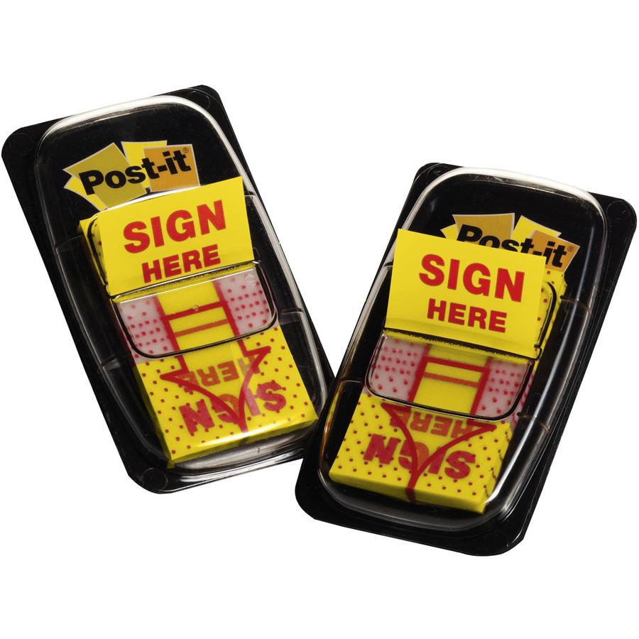 Post-it&reg; Message Flags - 100 x Yellow - 1" Flag/Note Width x 1 3/4" Flag/Note Length - Arrow, Rectangle - Unruled - SIGN HERE - Yellow - Removable, Self-adhesive - Dispenser Included - 100 / Pack. Picture 5