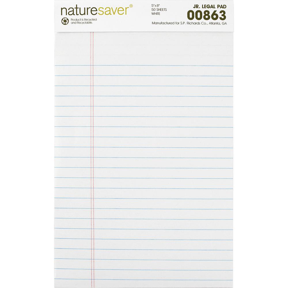 Nature Saver 100% Recycled White Jr. Rule Legal Pads - Jr.Legal - 50 Sheets - 0.28" Ruled - 15 lb Basis Weight - Jr.Legal - 5" x 8" Sheet Size - White Paper - Perforated, Back Board - Recycled - 1 Doz. Picture 7