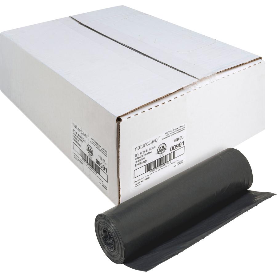 Nature Saver Black Low-density Recycled Can Liners - Extra Large Size - 60 gal Capacity - 58" Length x 38" Width x 1.25 mil (32 Micron) Thickness - Low Density - Black - Plastic - Cleaning Supplies - . Picture 11