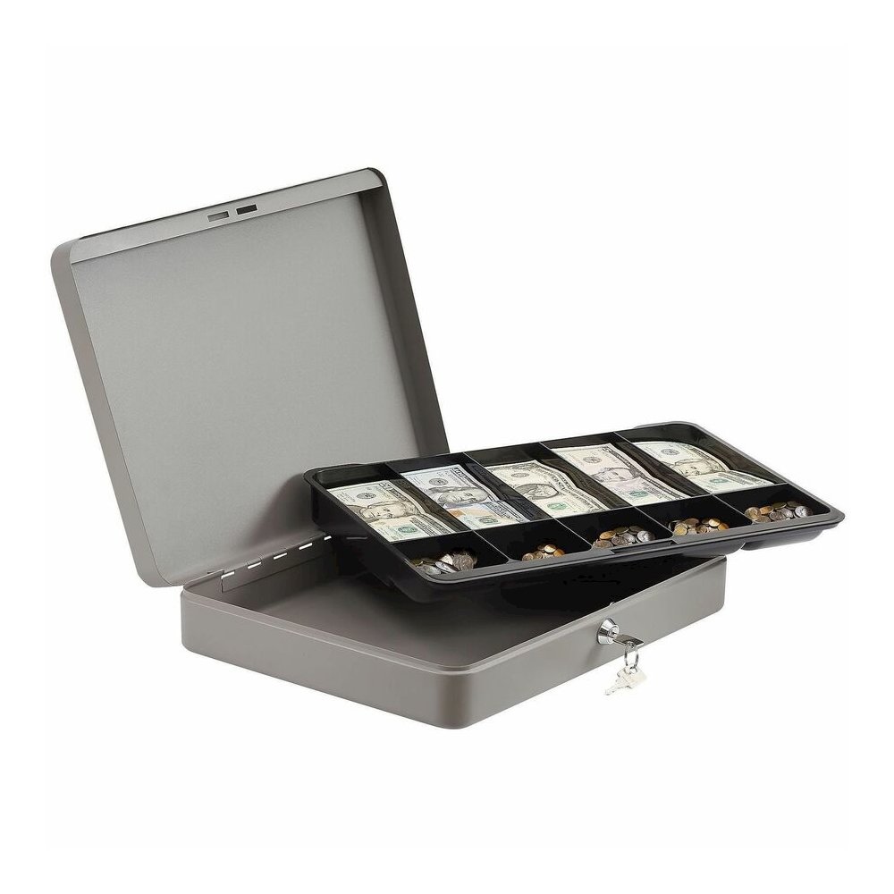 Sparco All-Steel Locking Cash Box with Tray - 5 Bill - 5 Coin - Steel - Gray - 2" Height x 10.5" Width x 15" Depth. Picture 6