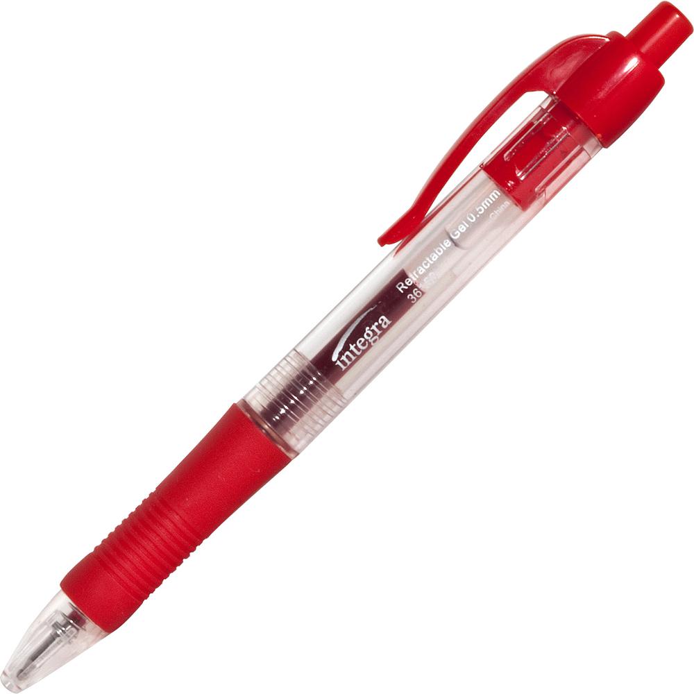 Integra Retractable 0.5mm Gel Pens - Retractable - Red Ink - Red Barrel - Metal Tip - 12 / Dozen. Picture 4